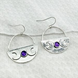 Silver Moon Circular Dangle Earrings with Purple Jewels